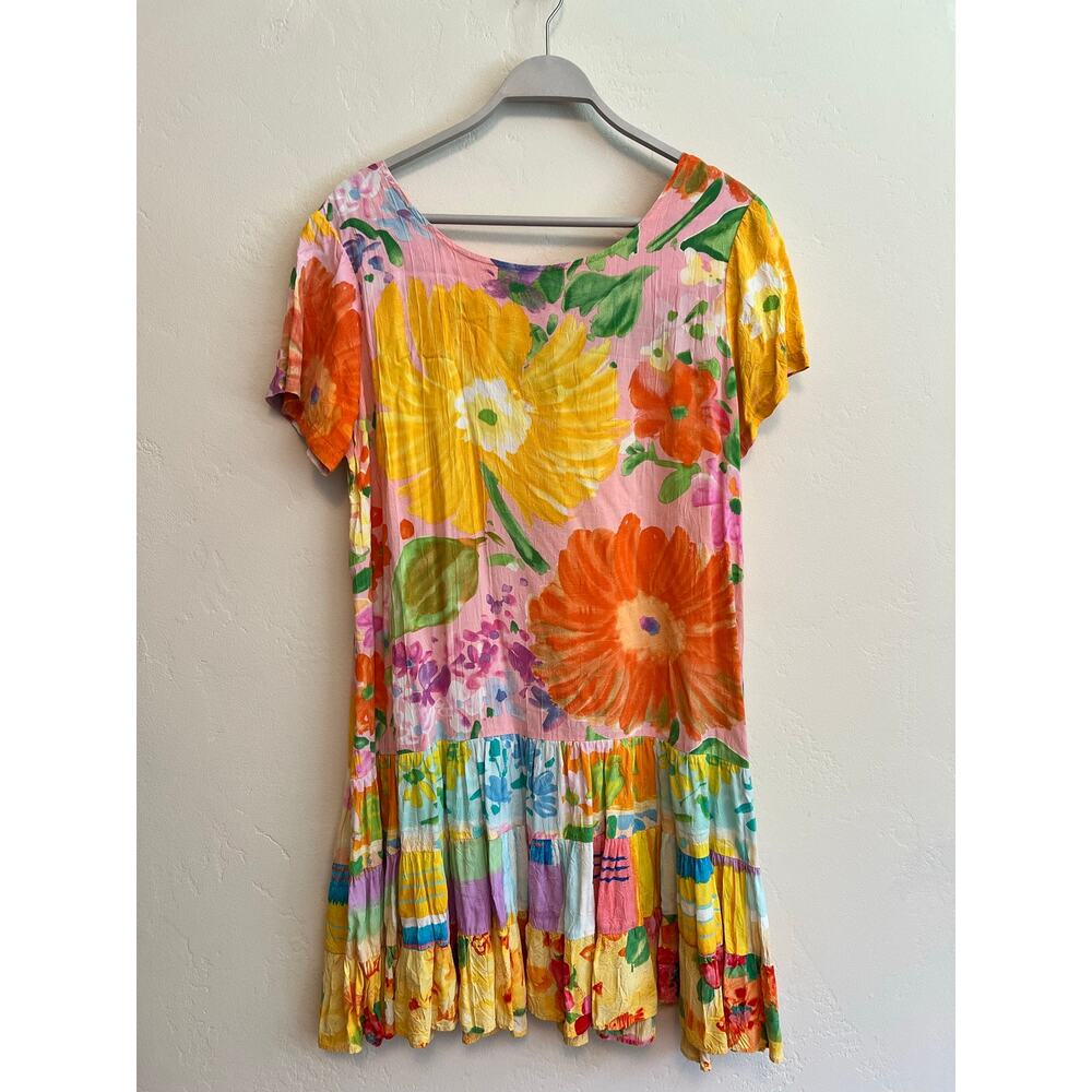 Vintage Jams World Dress Coral Garden Floral Hawaii Rayon Tiered Knee Length XL - Picture 2 of 9